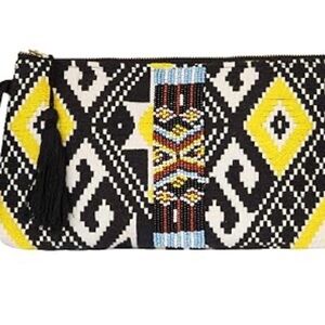 DwellStudio Vegan Boho Style black, White and Yellow Beaded Clutch